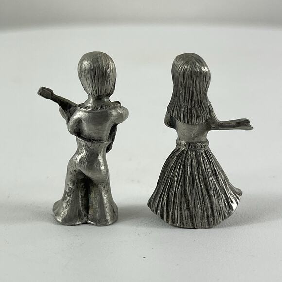 Vintage Pewter Miniature Hawaiian Dancer Hula Girl grass skirt & Boy With Guitar - Picture 3 of 8